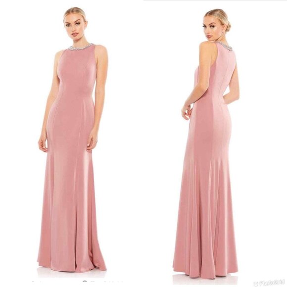 NWT IEENA FOR MAC DUGGAL 49093 Embellished Neck Trumpet Gown‎ Rose Pink 14 - Picture 1 of 7